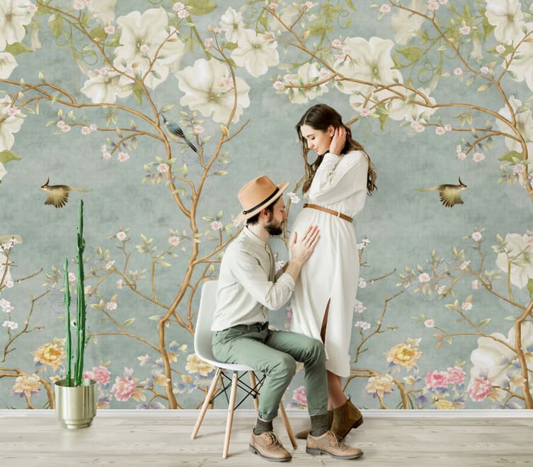 Weiche Chinesische Weiße Blumen mit Vögeln Fototapete