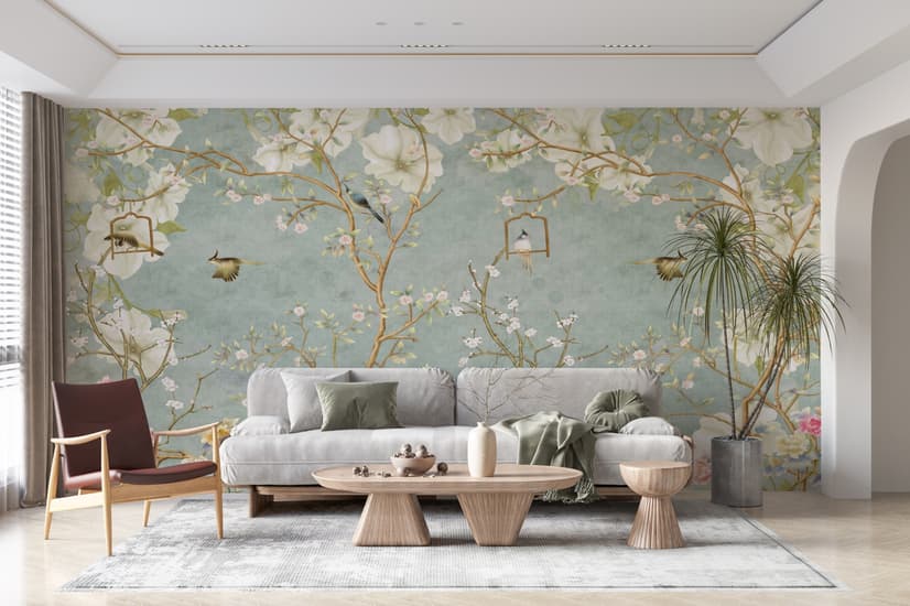 Soft Chinese White Florals with Birds Wallpaper Mural