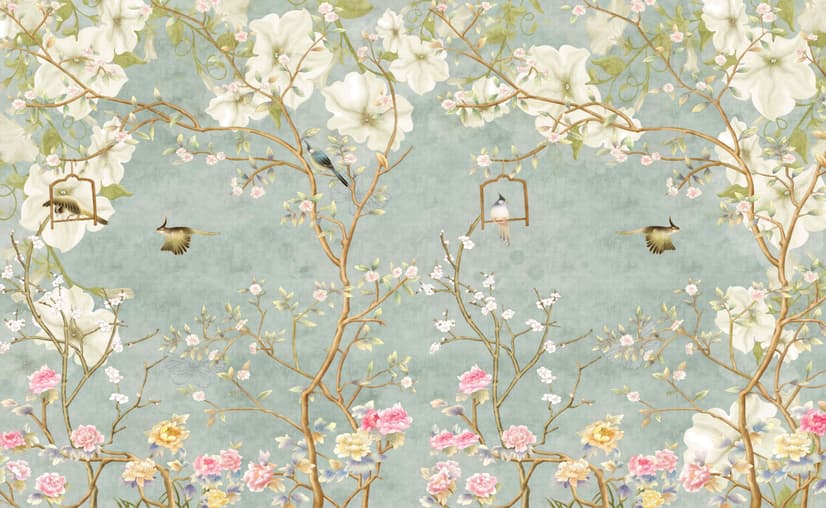 Soft Chinese White Florals with Birds Wallpaper Mural