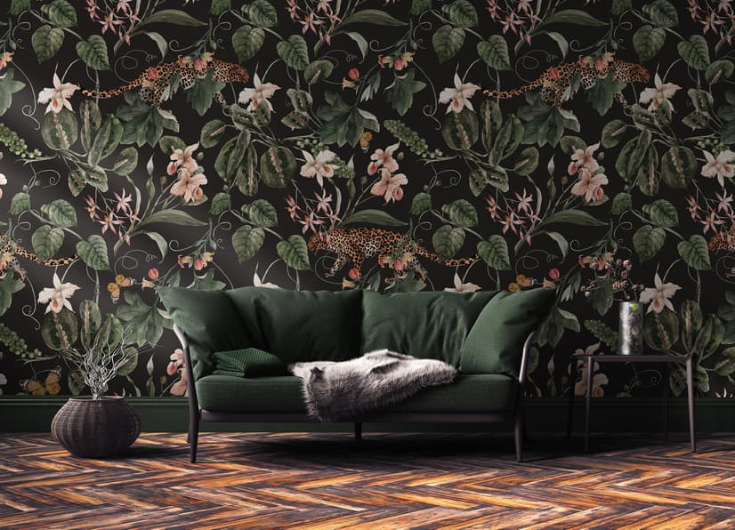 Watercolor Dark Tropical Art with Leopard Wallpaper Mural