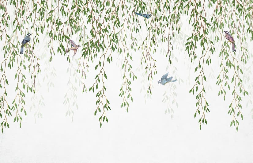 Green Hanging Leaves with Colorful Birds Wallpaper Mural