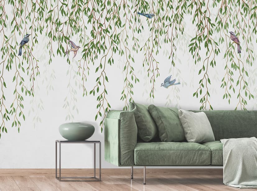 Green Hanging Leaves with Colorful Birds Wallpaper Mural