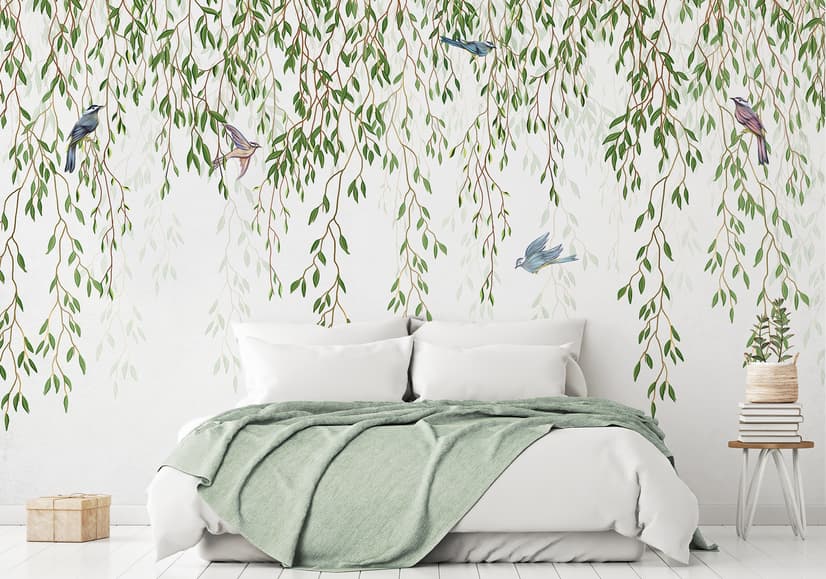 Papier peint feuilles suspendues vertes oiseaux colorés