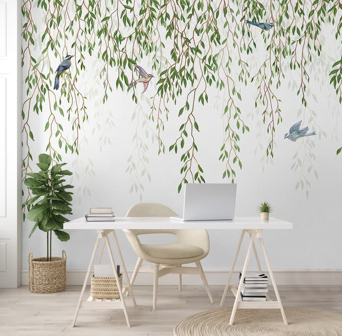 Green Hanging Leaves with Colorful Birds Wallpaper Mural