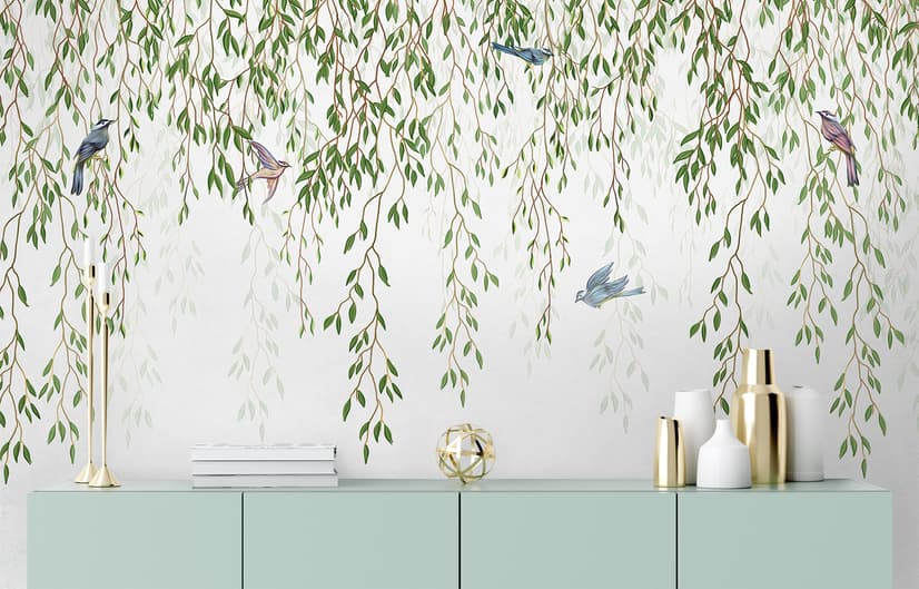 Green Hanging Leaves with Colorful Birds Wallpaper Mural