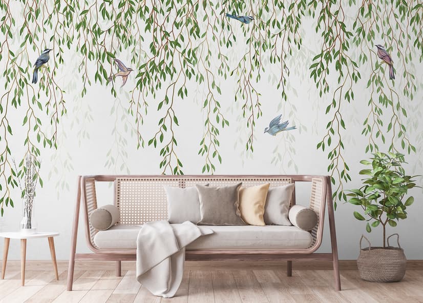 Green Hanging Leaves with Colorful Birds Wallpaper Mural