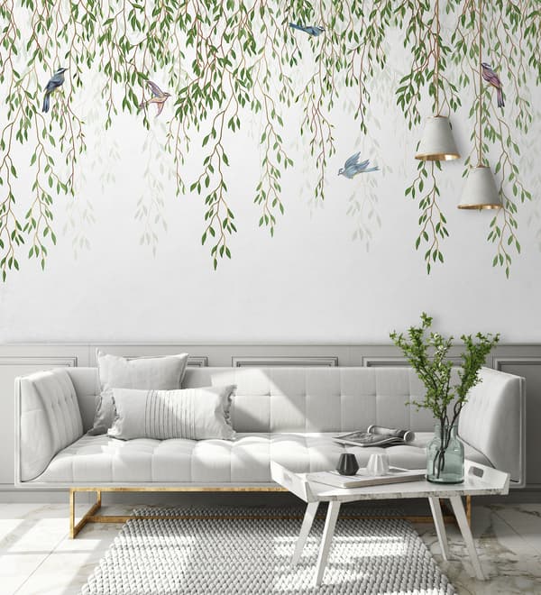 Green Hanging Leaves with Colorful Birds Wallpaper Mural
