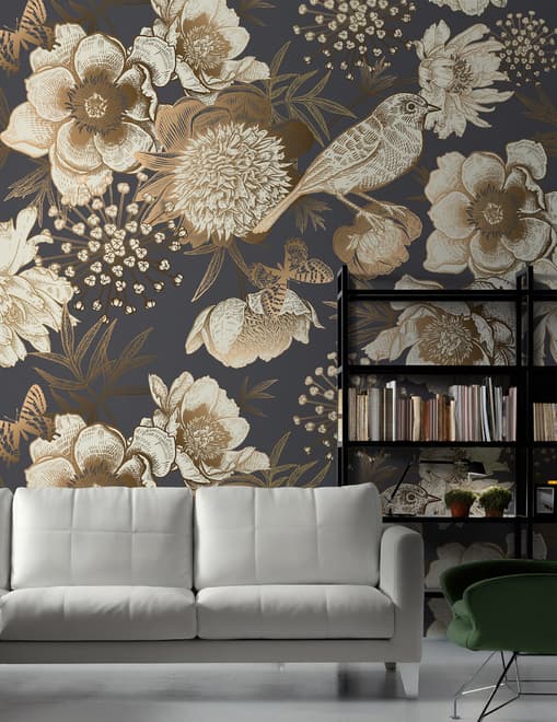 Peony Flowers with Bird Wallpaper Mural