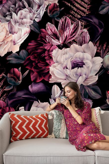 Dark Watercolor Colorful Peony Floral Wallpaper Mural