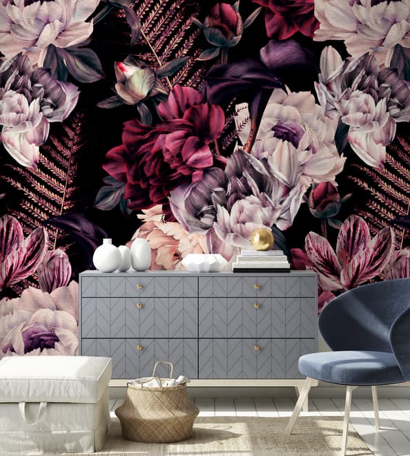 Dark Watercolor Colorful Peony Floral Wallpaper Mural
