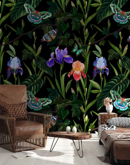 Dark Purple Flowers with Butterflies Wallpaper Mural