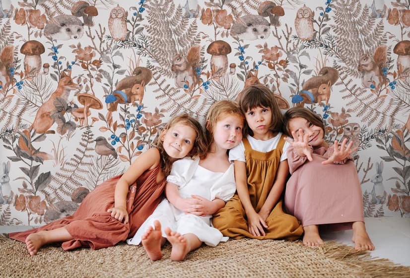 Papier peint panoramique aquarelle mignons enfants animaux dans la forêt