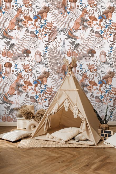 Watercolor Cute Kids Forest Animals in Forest Wallpaper Mural