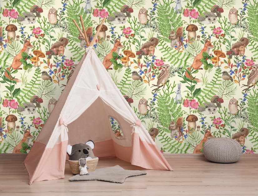 Watercolor Cute Kids Forest Animals in Forest Wallpaper Mural
