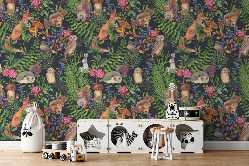 Watercolor Cute Kids Forest Animals in Forest Wallpaper Mural