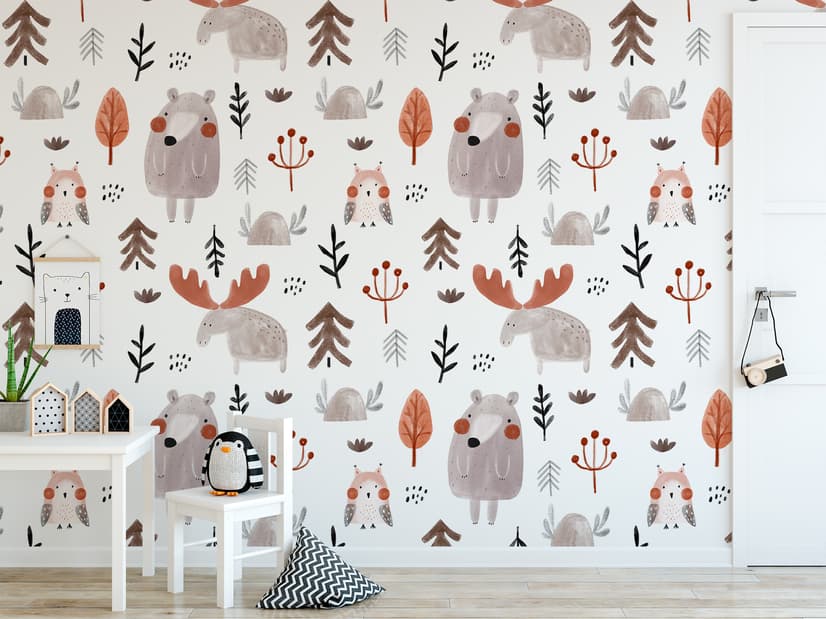 Cute Cartoon Animals with Twigs Wallpaper Mural