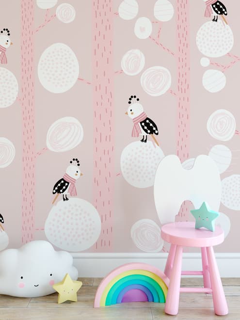 Papier peint panoramique oiseaux rêveurs sur bouleaux pour chambre d'enfant