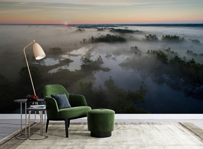 Foggy Rive Forest Landscape Wallpaper Mural