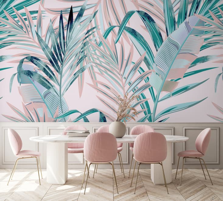 Tropical Pink Exotic Colorful Palm Leaf Wallpaper Mural