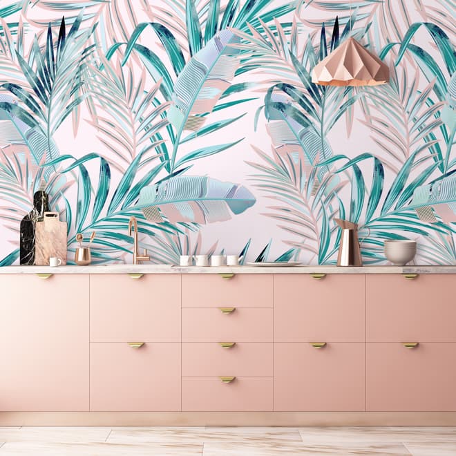 Tropical Pink Exotic Colorful Palm Leaf Wallpaper Mural