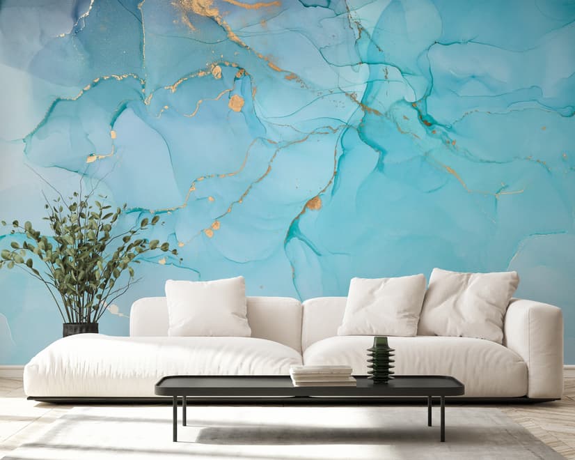 Light Blue Marble with Gold Look Splash Wallpaper Mural