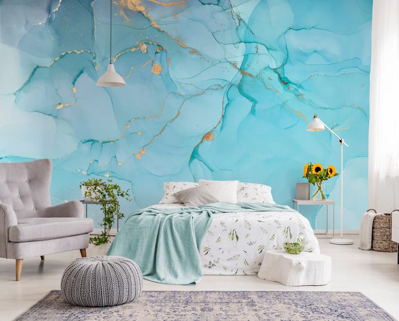 Light Blue Marble with Gold Look Splash Wallpaper Mural