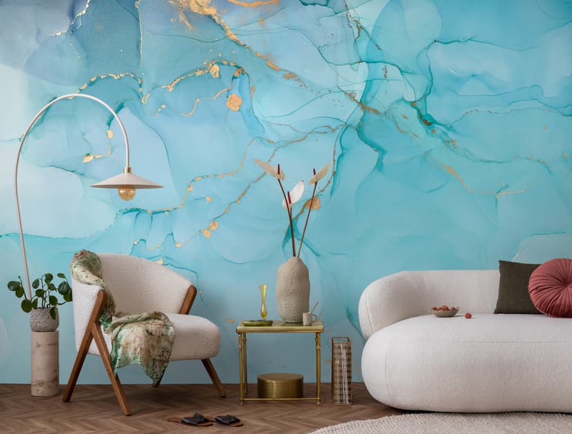 Light Blue Marble with Gold Look Splash Wallpaper Mural