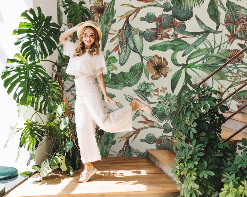 Watercolor Green Tropical Leaves Wallpaper Mural