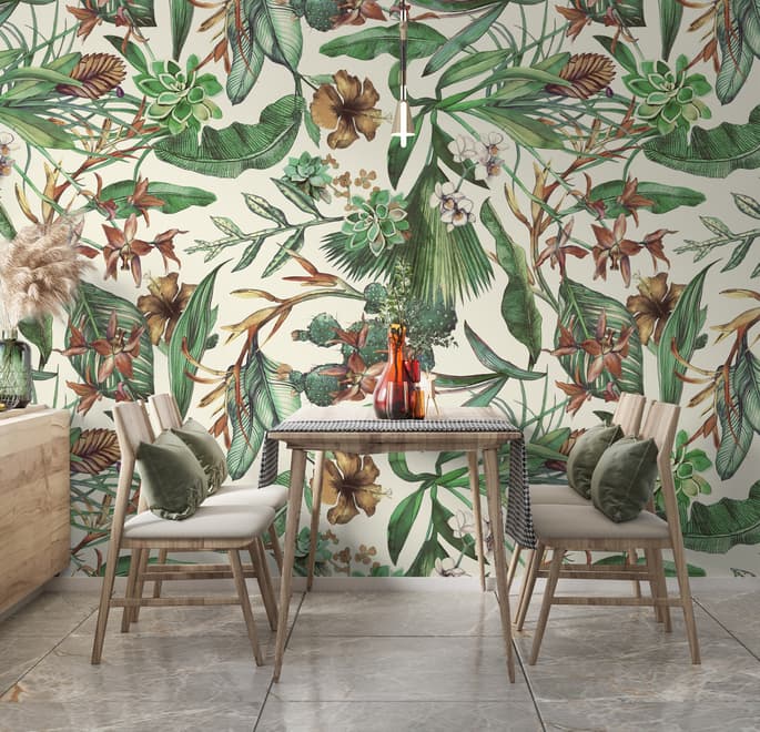 Watercolor Green Tropical Leaves Wallpaper Mural