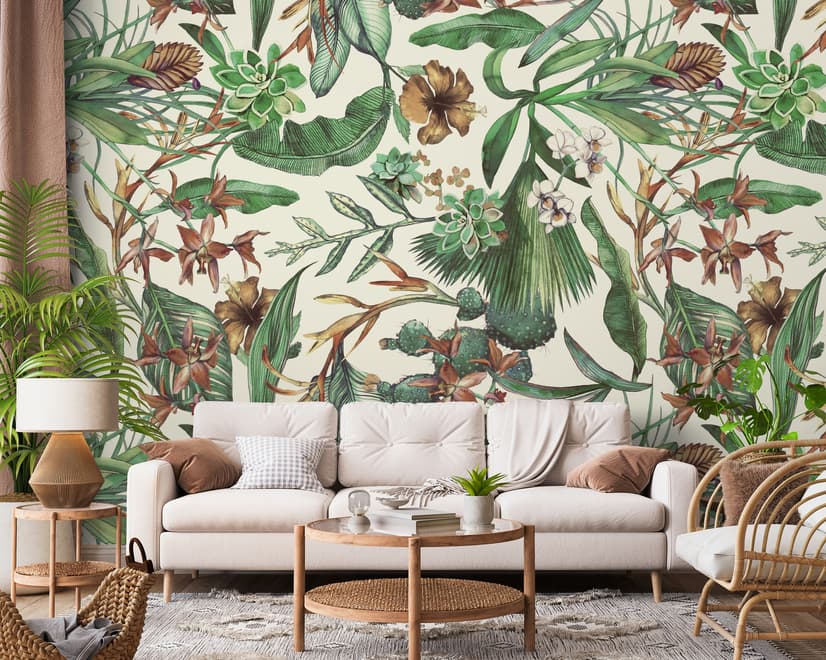 Watercolor Green Tropical Leaves Wallpaper Mural