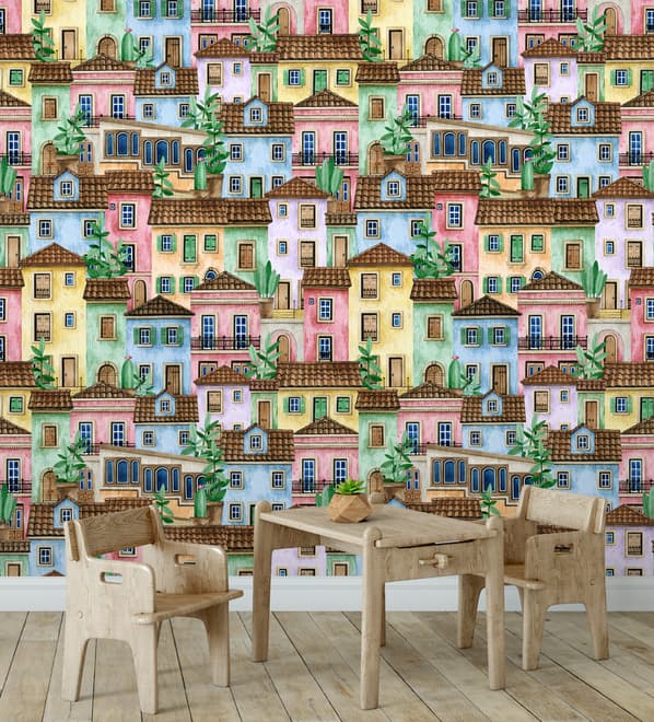 Kids Watercolor Medieval House with Plants Wallpaper Mural