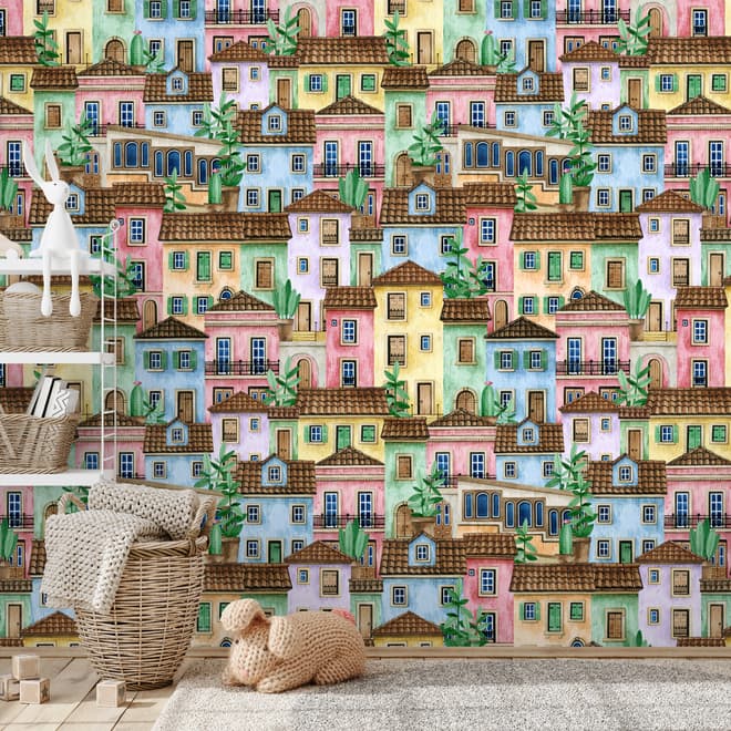 Papier peint panoramique maisons médiévales aquarelle avec plantes pour enfants