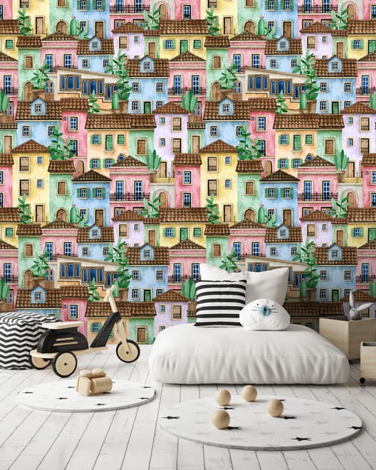 Kids Watercolor Medieval House with Plants Wallpaper Mural