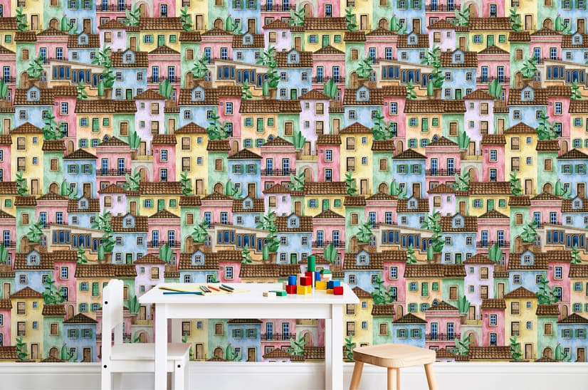 Kids Watercolor Medieval House with Plants Wallpaper Mural