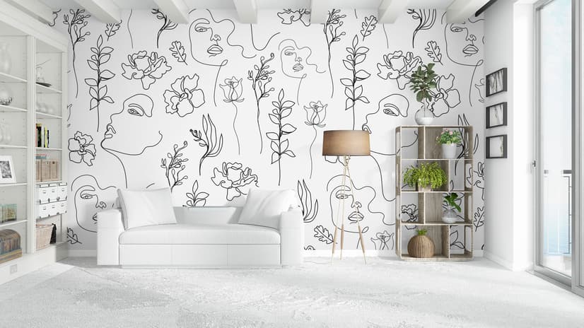 Soft Woman Face with Floral Drawing Line Art Wallpaper Mural
