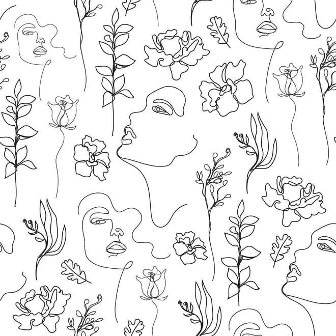 Soft Woman Face with Floral Drawing Line Art Wallpaper Mural