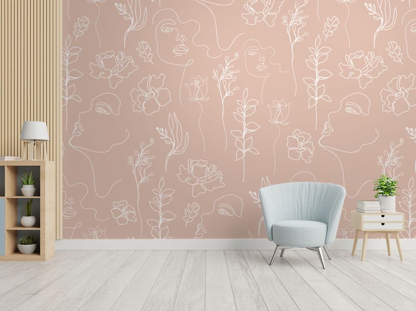Soft Woman Face with Floral Drawing Line Art Wallpaper Mural