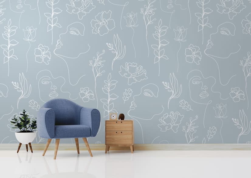 Soft Woman Face with Floral Drawing Line Art Wallpaper Mural
