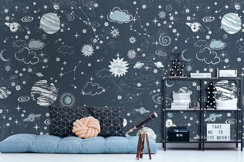 Papier peint panoramique de l'espace sombre, du ciel étoilé et des planètes bleues