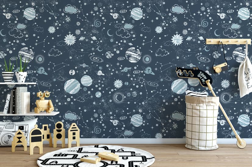 Dunkler Weltraum Sternenhimmel mit blauen Planeten Fototapete