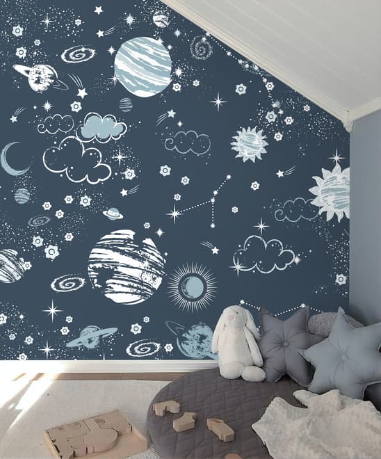 Dunkler Weltraum Sternenhimmel mit blauen Planeten Fototapete