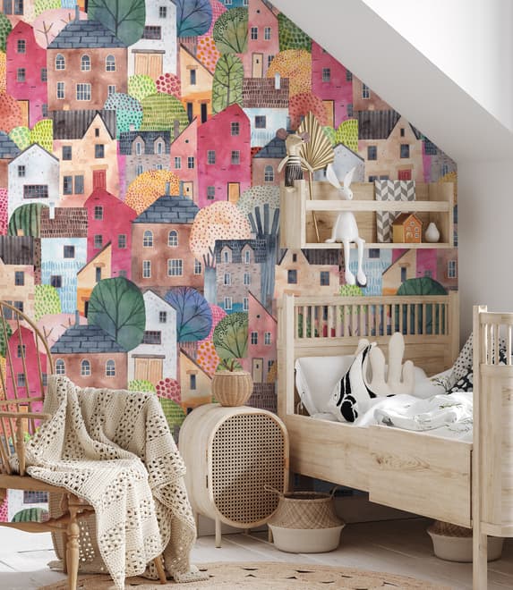 Kids Watercolor Cute Town House Wallpaper Mural
