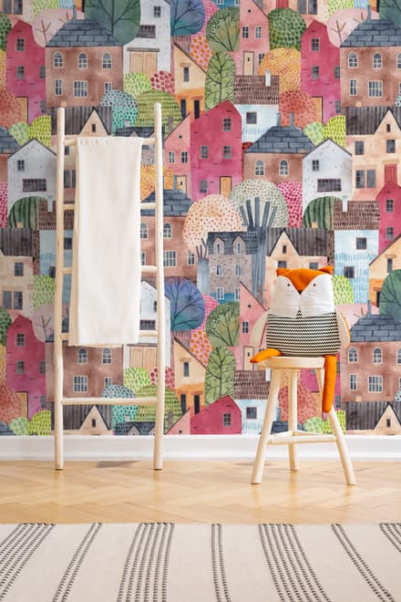 Kids Watercolor Cute Town House Wallpaper Mural