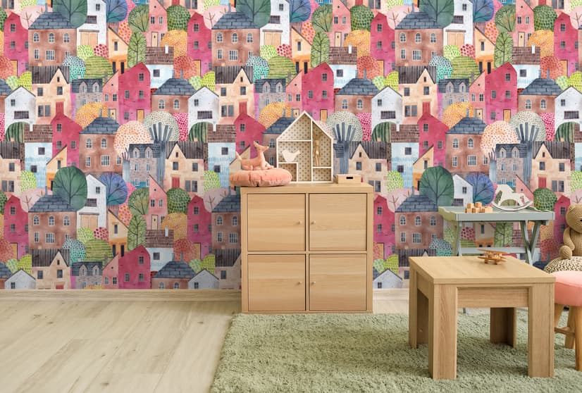 Kids Watercolor Cute Town House Wallpaper Mural