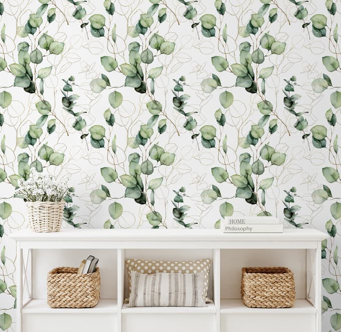 Watercolor Green Eucalyptus Leaf Wallpaper Mural