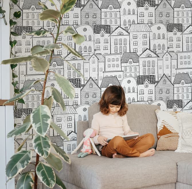 Kids Black and White Sketch House Wallpaper Mural