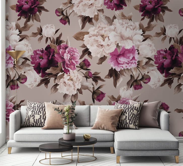 Cream Pink Peony Floral Pattern Wallpaper Mural