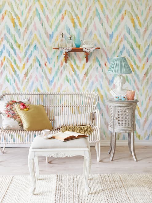 Papier peint panoramique design ikat chevron multicolore aquarelle
