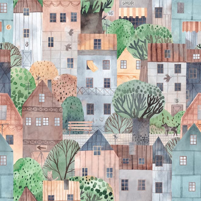 Kinder-Fototapete Kleine Stadt Süßes Aquarellhaus