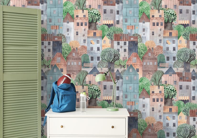 Kids Small Town Cute Watercolor House Wallpaper Mural